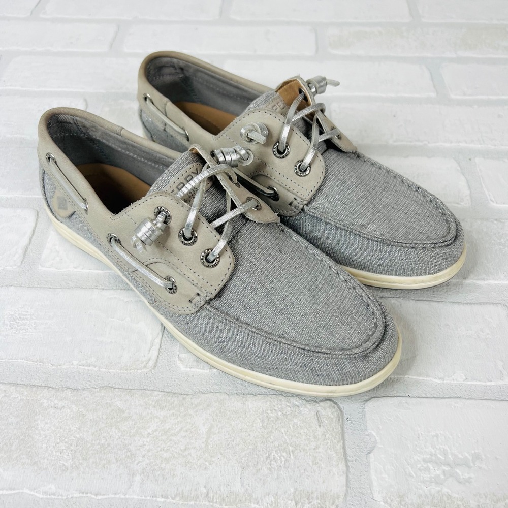 Sperry Womens Koifish Grey Shimmer Textile Leather Boat Shoes STS84699 Size 7.5